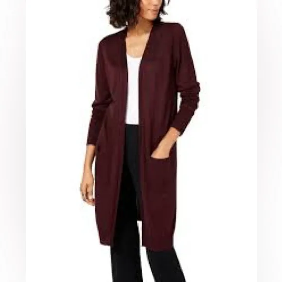 100% Cashmere Longline Cardigan Duster Macy’s Charter Club Burgundy Size Medium