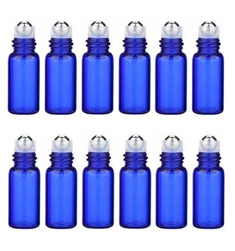 12Pcs Empty Glass Essential Oil Sample Packing Roller Roll-On Bottles With Metal Roller Balls And Black Cap Makeup Aromatherapy Perfumes Lip Balms Vial Storage Container Jar Pots (3Ml, Blue)
