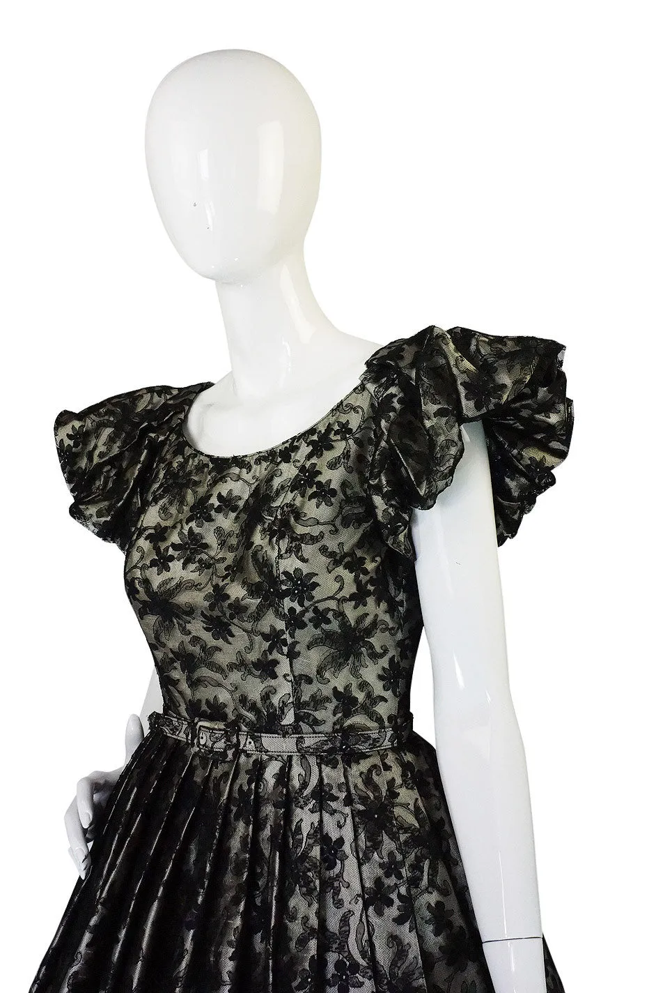 1950s Puff Sleeve Lace and Silk Cocktail Dress
