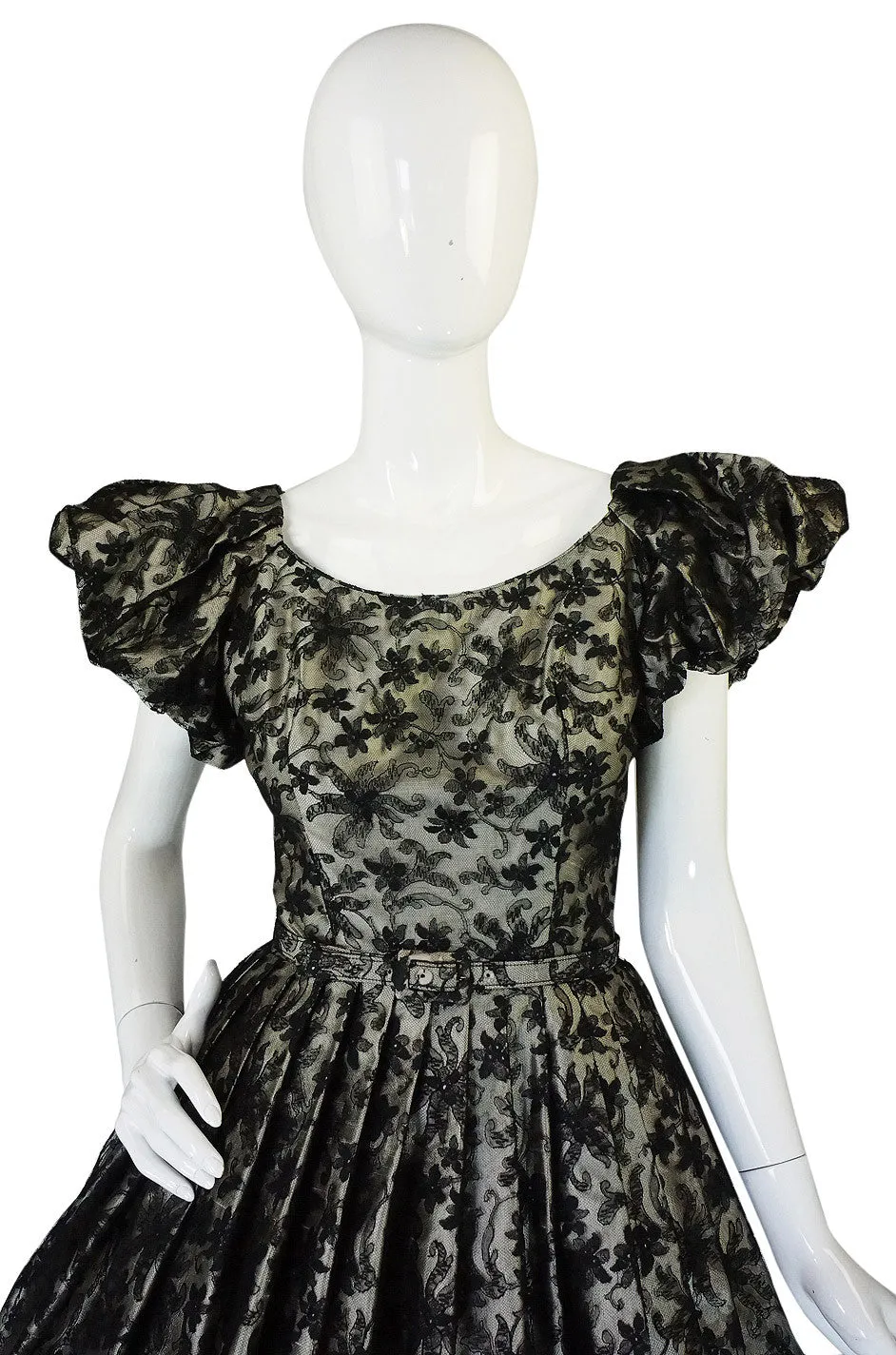 1950s Puff Sleeve Lace and Silk Cocktail Dress