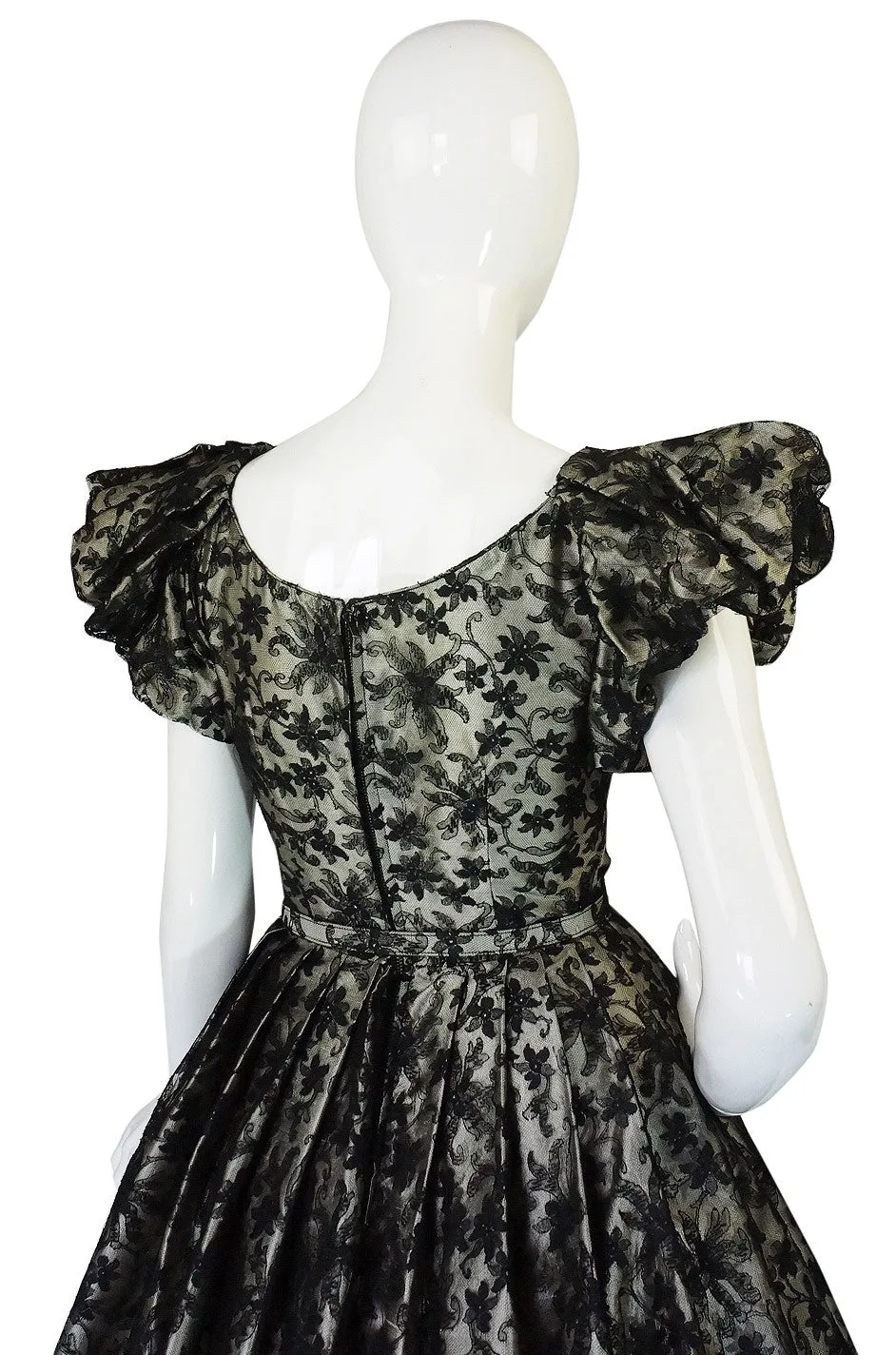 1950s Puff Sleeve Lace and Silk Cocktail Dress