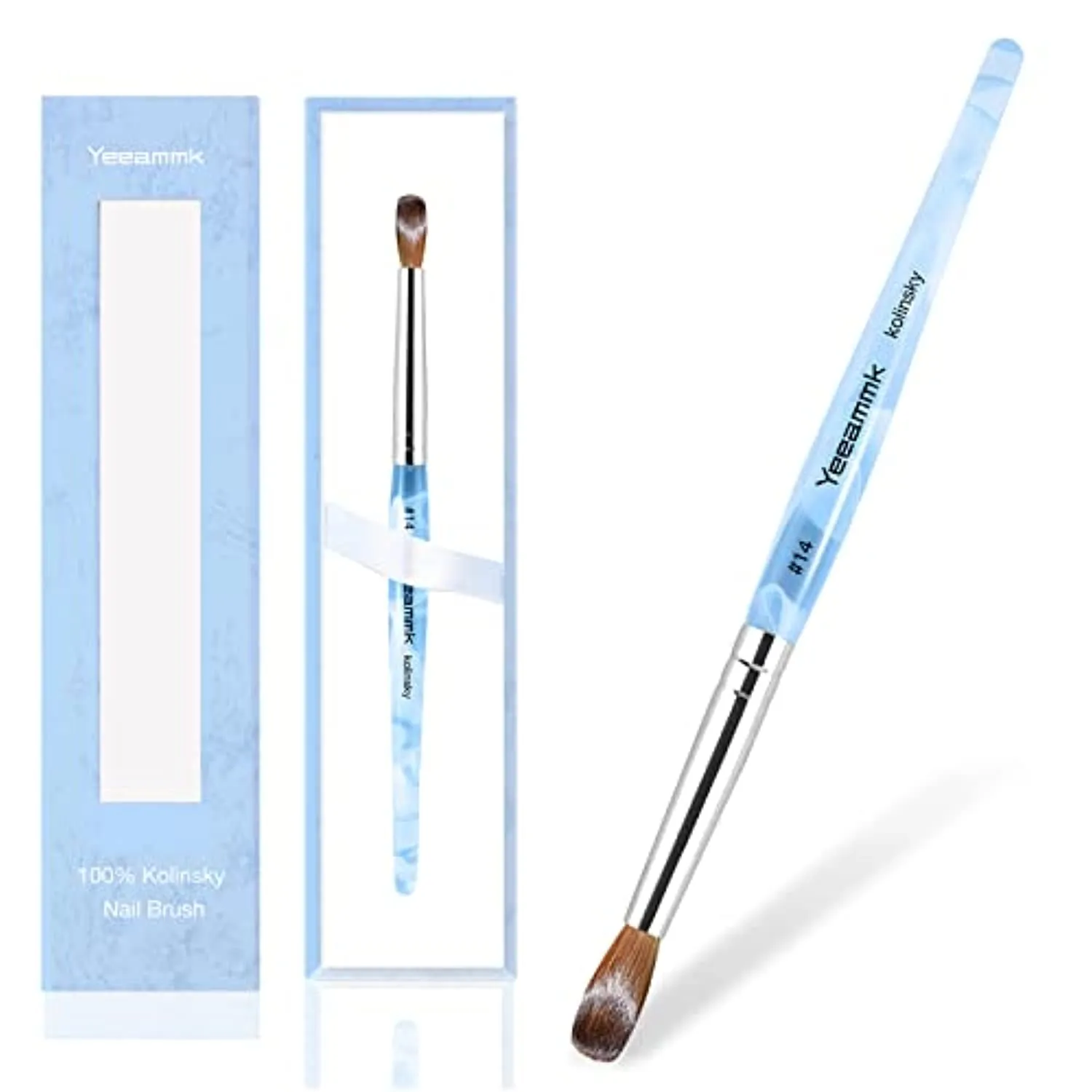 Acrylic Nail Brush 100% Pure Kolinsky Acrylic Nail Brush Size 14 Round Shaped Oval White Swirl Blue Handle Professional Manicure for DIY Home Salon (#14, White Swirl Blue)