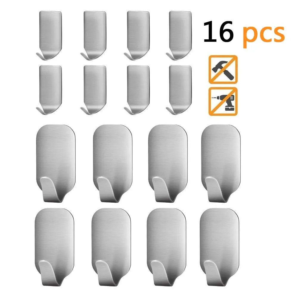Adhesive Hooks, Heavy Duty Wall Hooks Stainless Steel Ultra Strong Waterproof Hanger for Robe, Coat, Towel, Keys, Bags, Home, Kitchen, Bathroom (Set of 16)