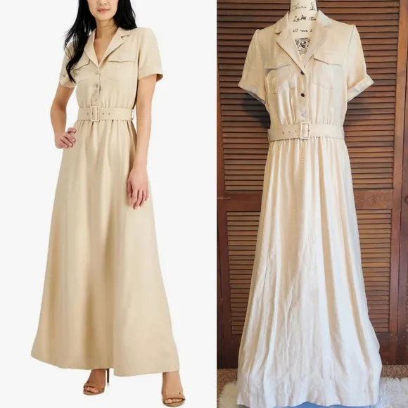 Anne Klein Foiled Light Coffee Maxi Shirt Dress