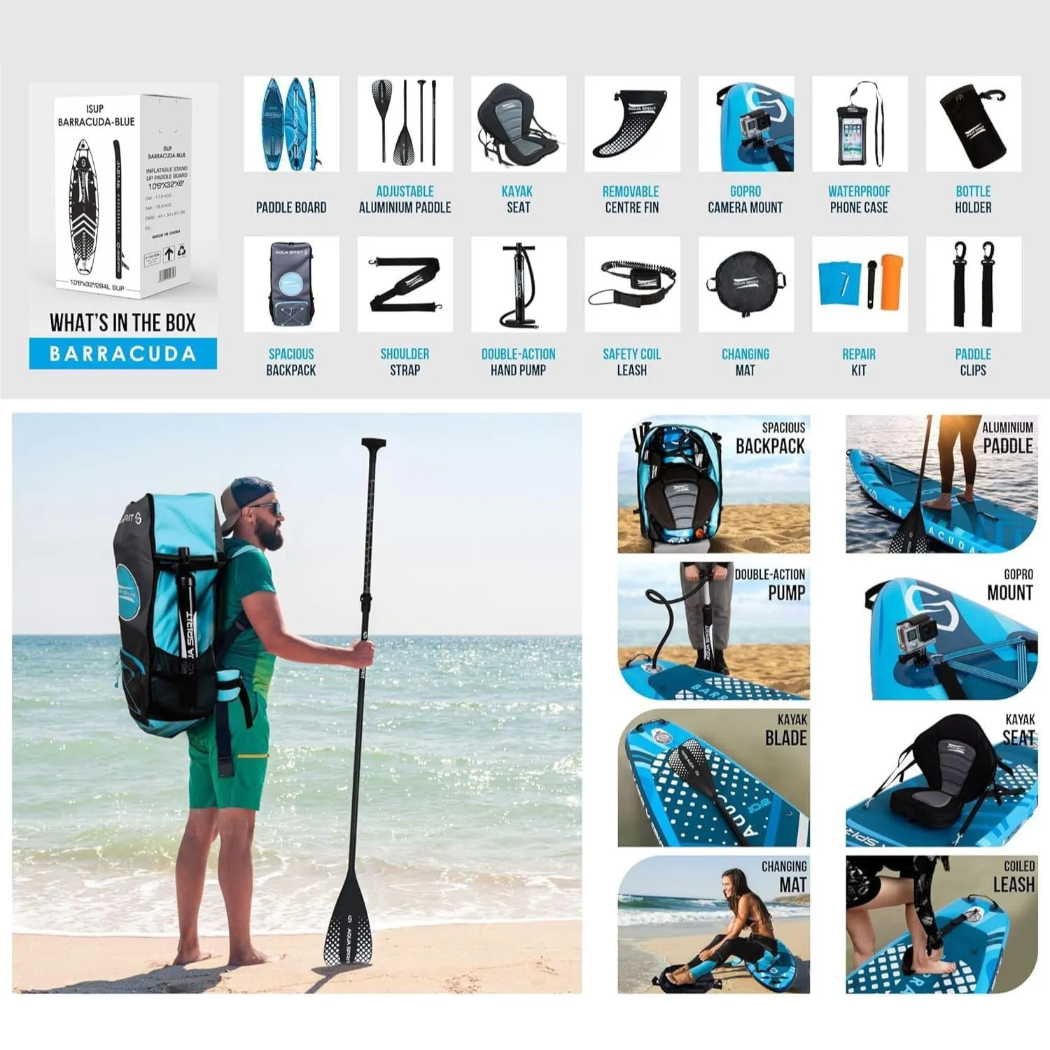 Aqua Spirit Barracuda iSUP Inflatable Stand Up Paddle Board 2024, 10'6x32”x6”, Complete Kayak Conversion Kit with Paddle, Backpack, Pump and more accessories, Adult Beginner/Expert, 2 Year Warranty