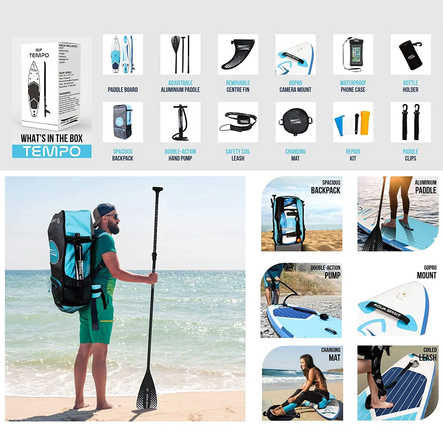 AQUA SPIRIT Tempo 10'/10'6 iSUP Inflatable Stand up Paddle Board for Adult Beginners/Intermediate with Backpack, Leash, Paddle, Changing Mat & Waterproof Phone Case