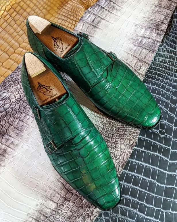 Ascot Double Monk - Green Crocodile