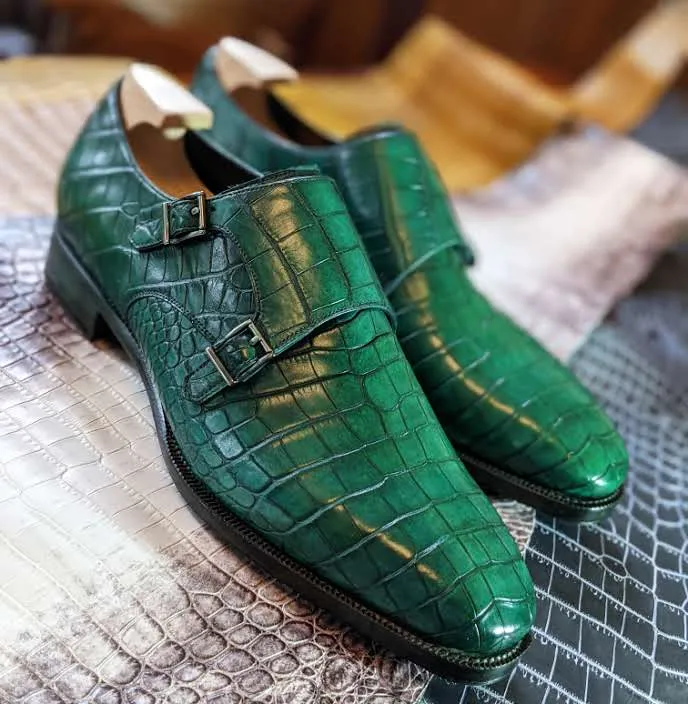 Ascot Double Monk - Green Crocodile