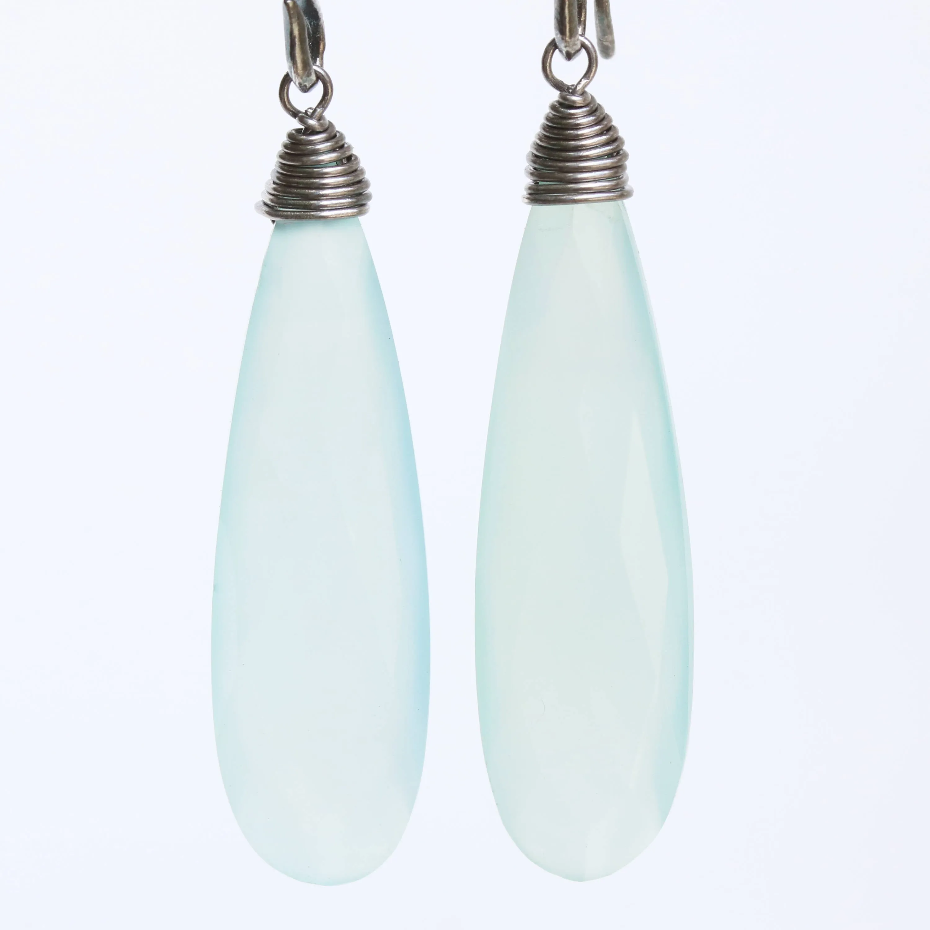 Blue chalcedony teardrop faceted earrings with silver wire wrapped on oxidized sterling silver hooks style