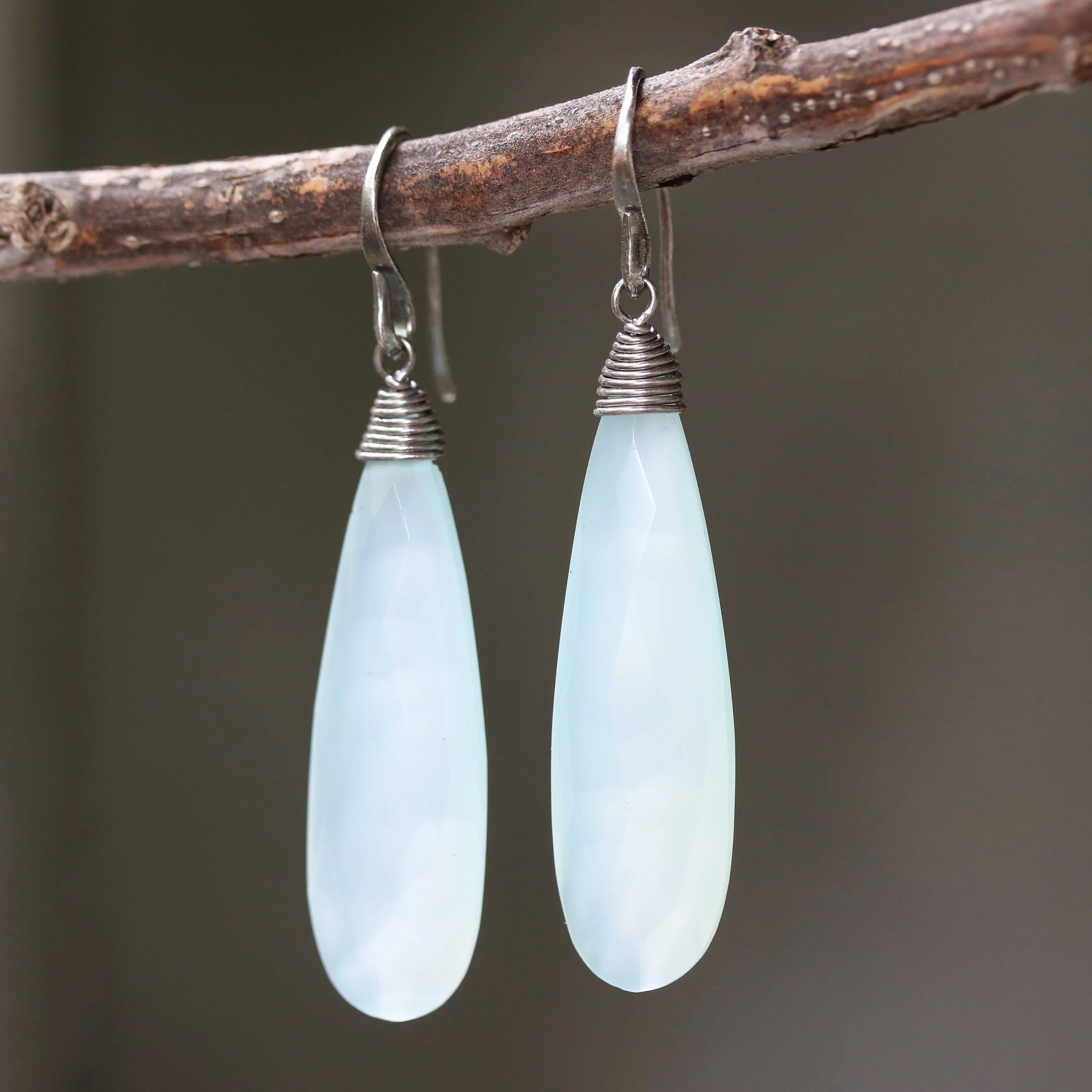 Blue chalcedony teardrop faceted earrings with silver wire wrapped on oxidized sterling silver hooks style
