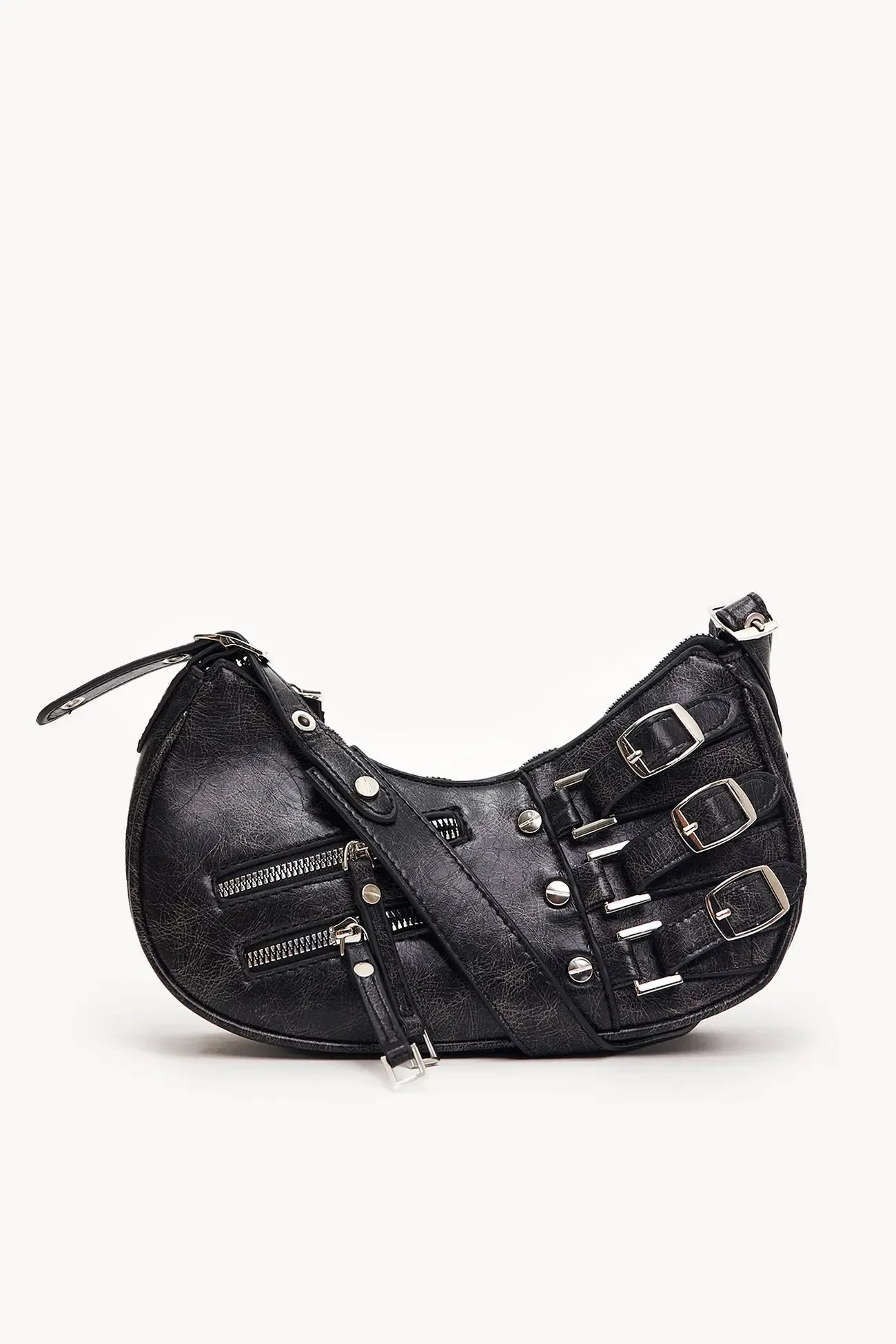 Buckled Baguette Bag with Zipper Detail