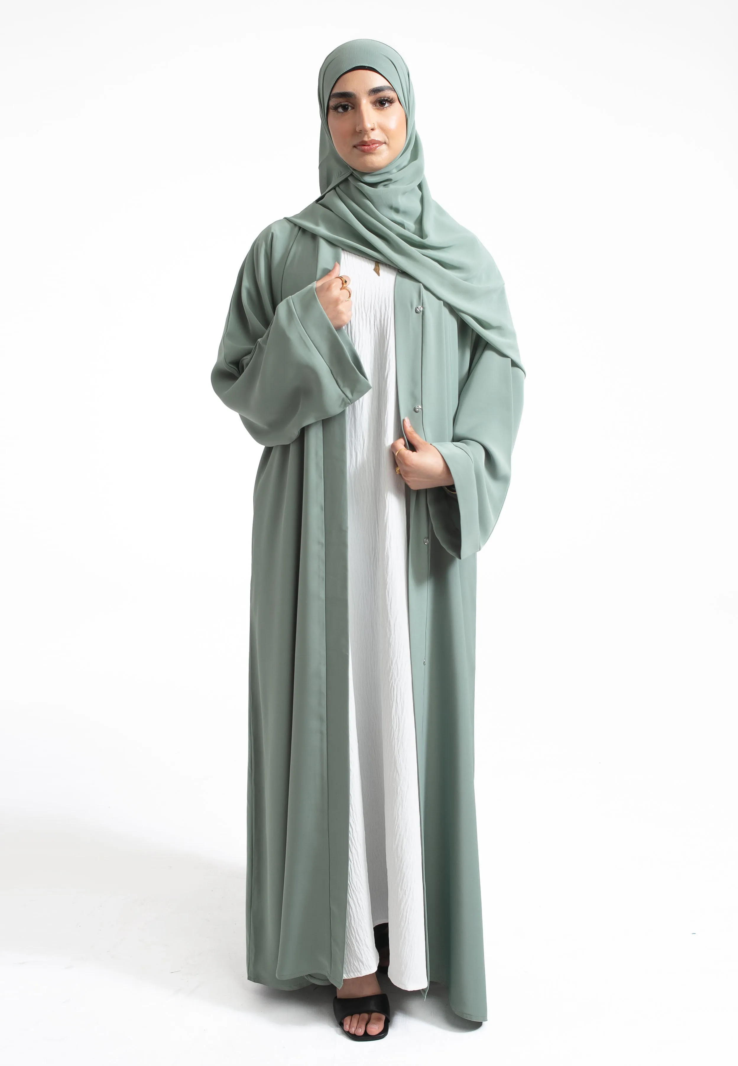 Classic Light Sage Green Plain Open Abaya (Premium)