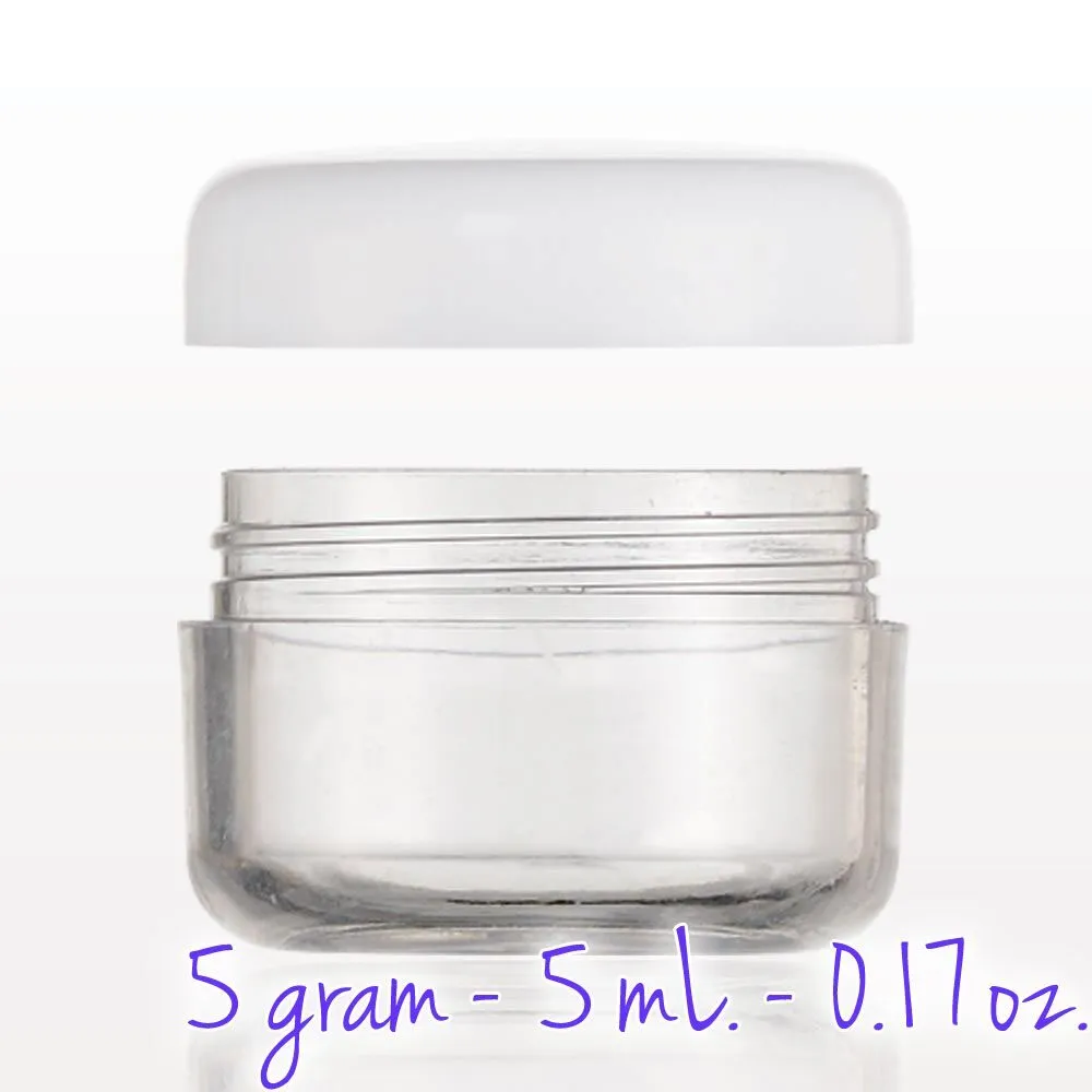 Clear Sample Jar with White Cap - 5 gram - 5 mL. - 0.17 oz. / 200 per Bag X 3 Bags = 600 Assembled Sample Jars