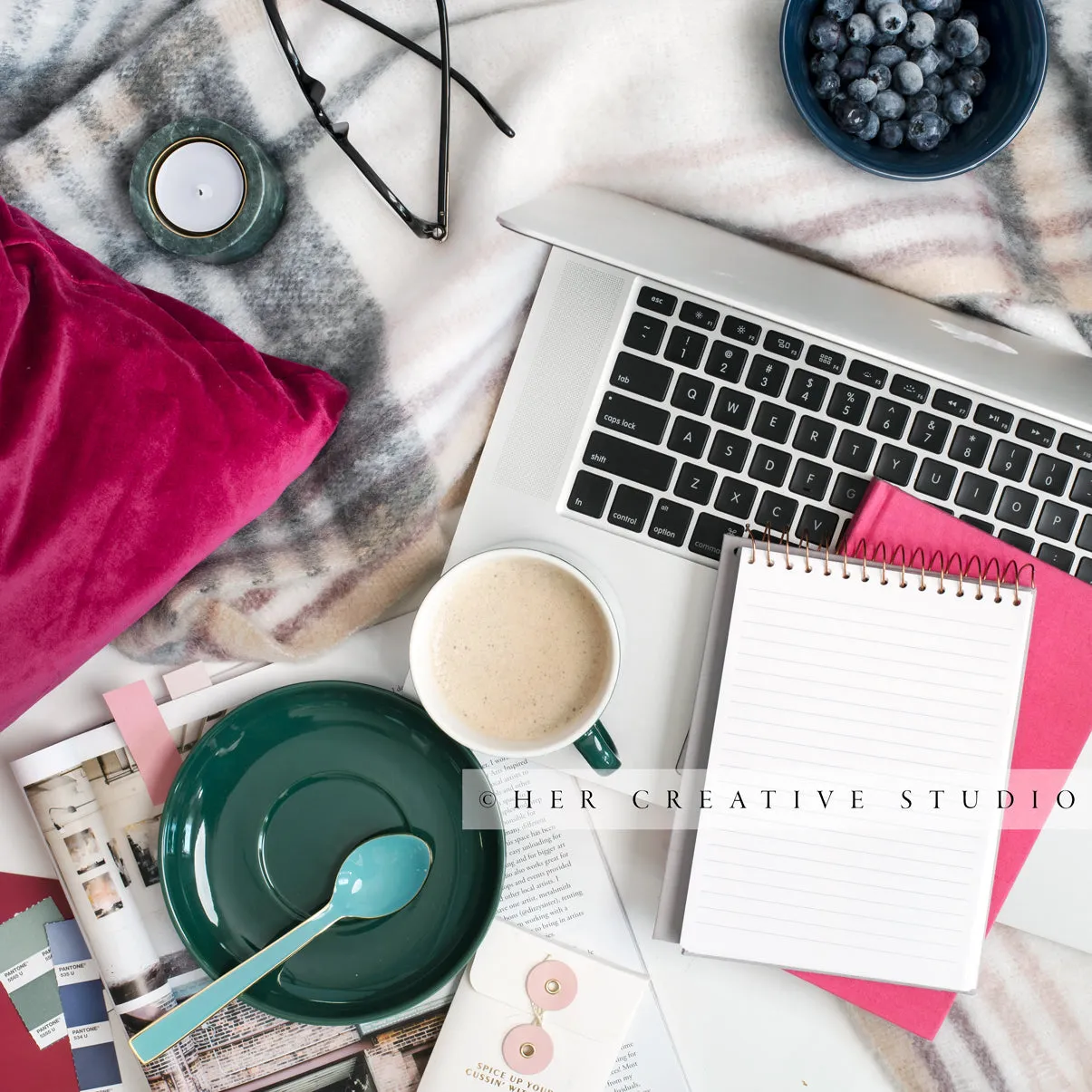 Coffee, Notebook & Laptop Workspace Styled Image