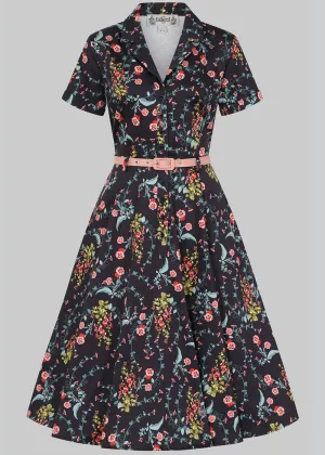 Collectif Caterina Hollyhocks Hooray Cherryblossom 40's Swing Dress Navy