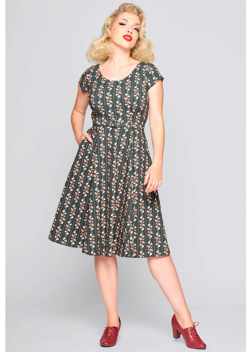 Collectif Fatima Wallflower Flared 50's Swing Dress Green