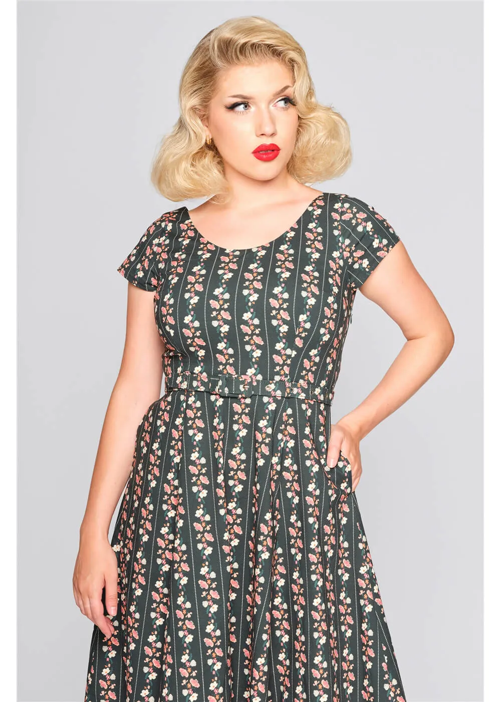Collectif Fatima Wallflower Flared 50's Swing Dress Green