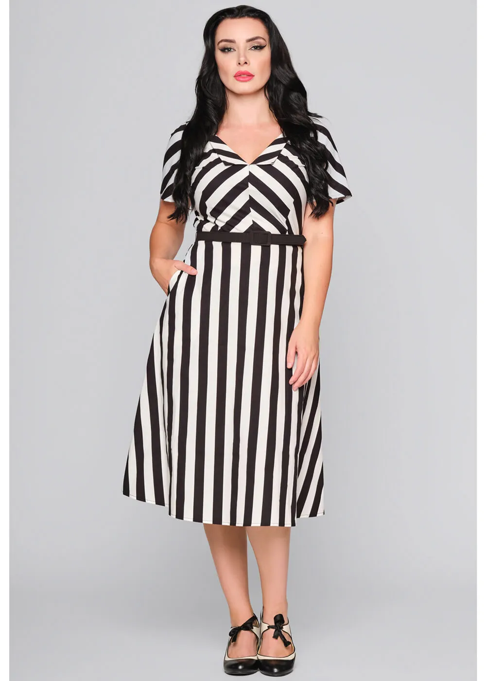 Collectif Valeria Striped 40's Swing Dress Black White