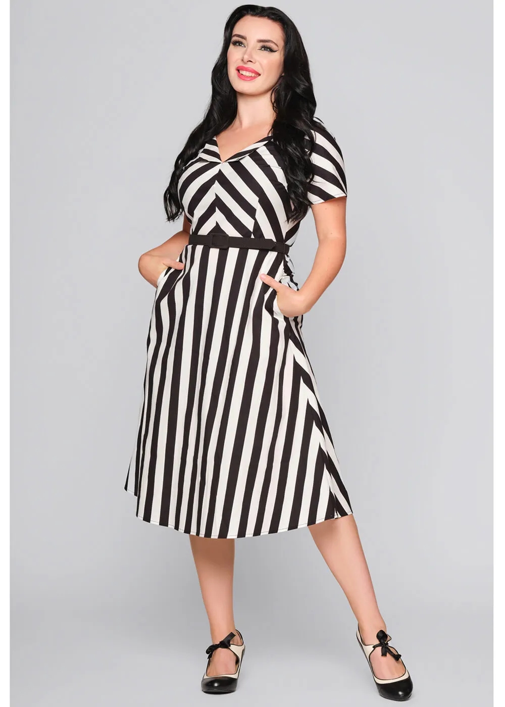 Collectif Valeria Striped 40's Swing Dress Black White