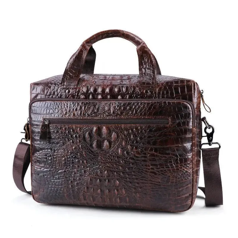 Cowhide Computer Bag with 15-Inch Laptop Compartment & Crocodile Pattern