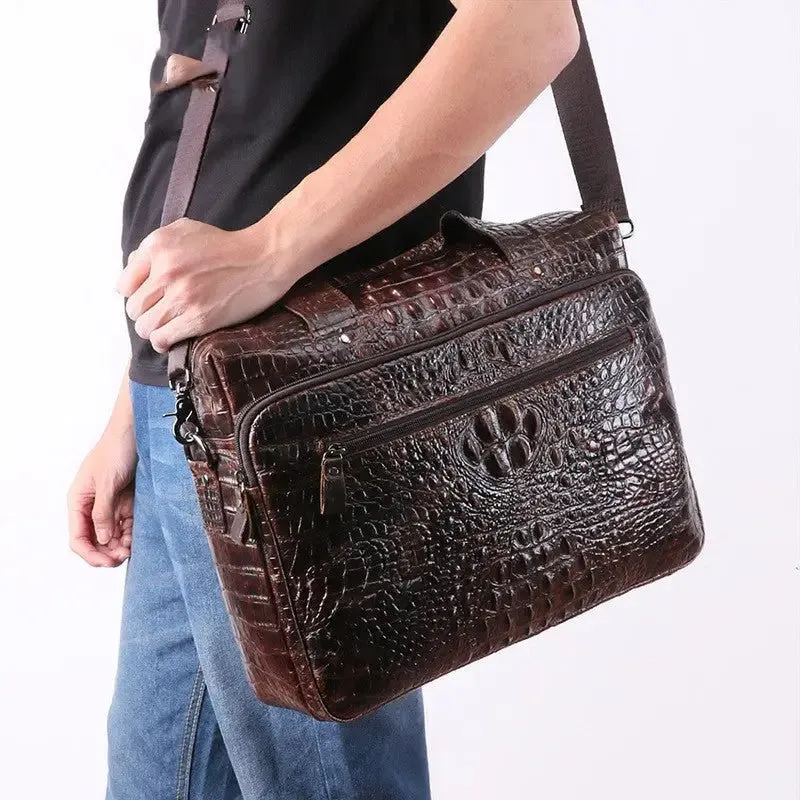 Cowhide Computer Bag with 15-Inch Laptop Compartment & Crocodile Pattern