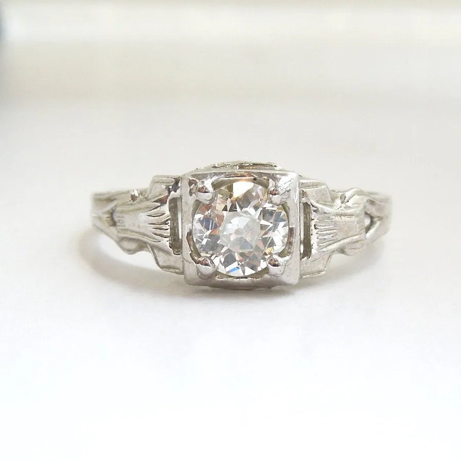 CUSTOM ORDER: Light Half Carat in 14K White Gold Art Deco Style Engagement Ring