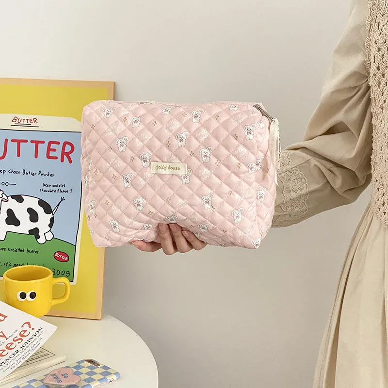 Cute Pink Rabbit White Cherry Quilted cotton Makeup Toiletry Organizer, Large Capacity Makeup Bag