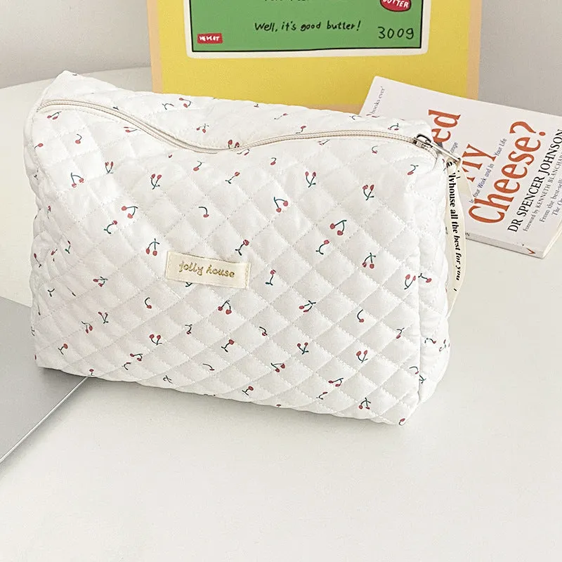 Cute Pink Rabbit White Cherry Quilted cotton Makeup Toiletry Organizer, Large Capacity Makeup Bag