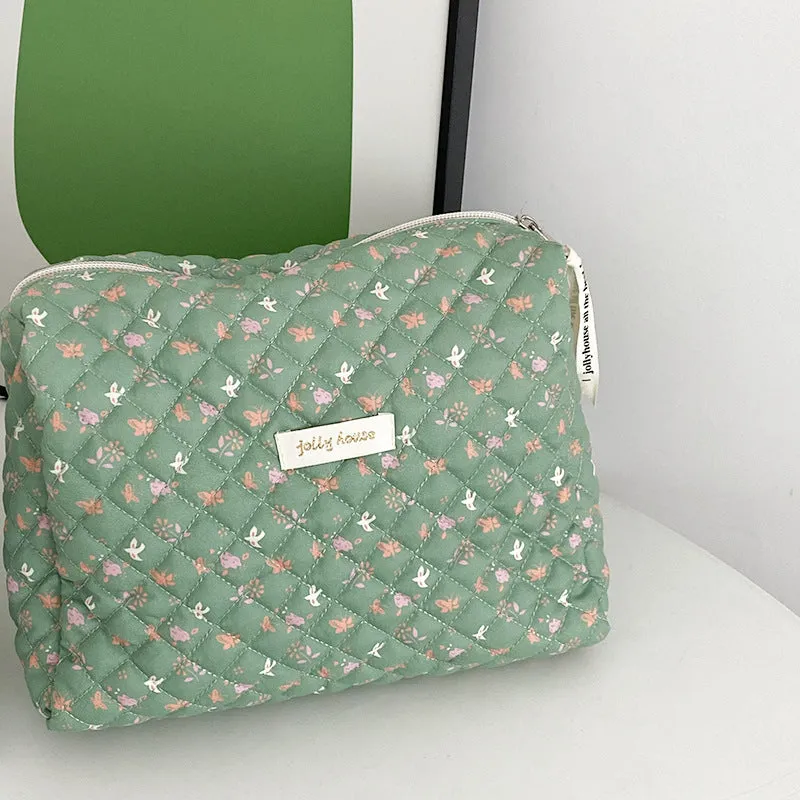 Cute Pink Rabbit White Cherry Quilted cotton Makeup Toiletry Organizer, Large Capacity Makeup Bag