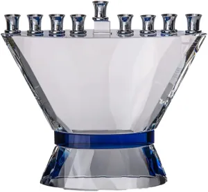 (D) Blue Belt Crystal Menorah Judaica Hanukkah Decorative Item 6.5 Inch