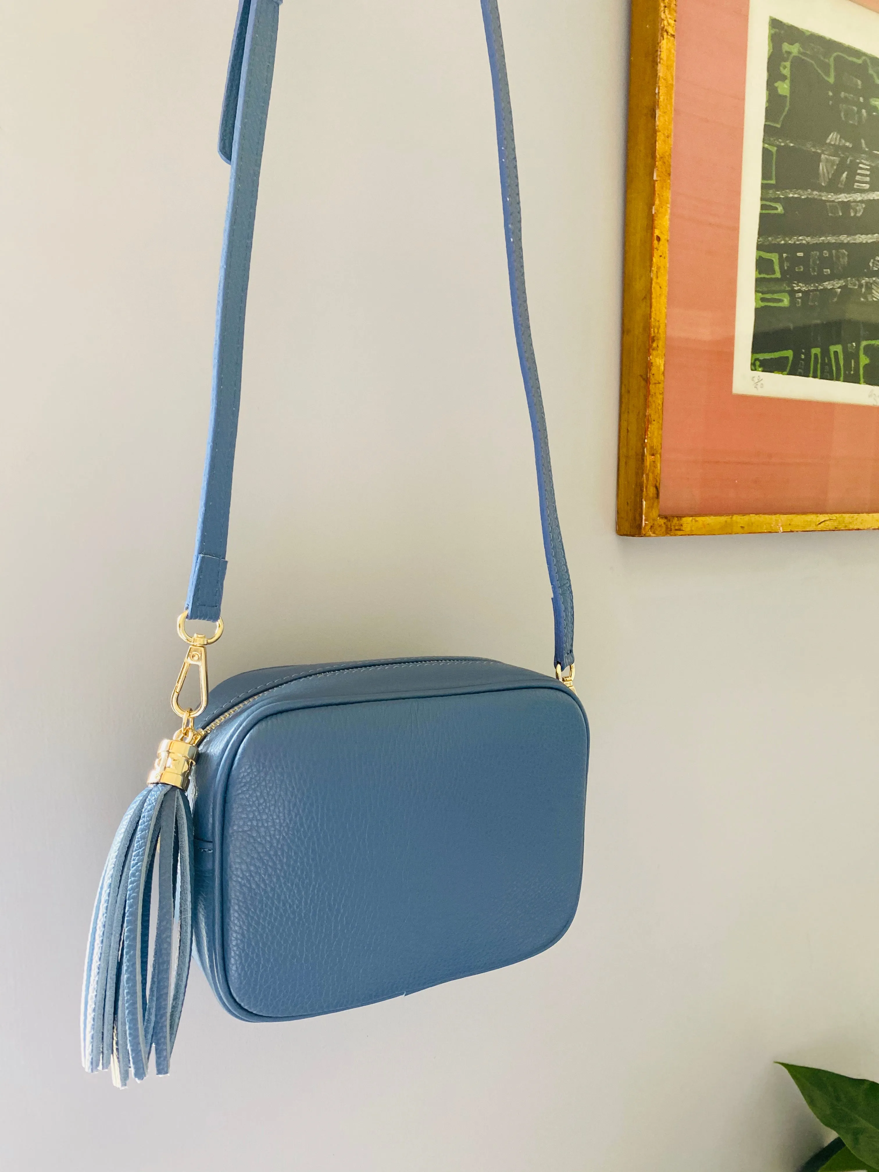 Denim Blue Leather Tassel Cross Body Bag