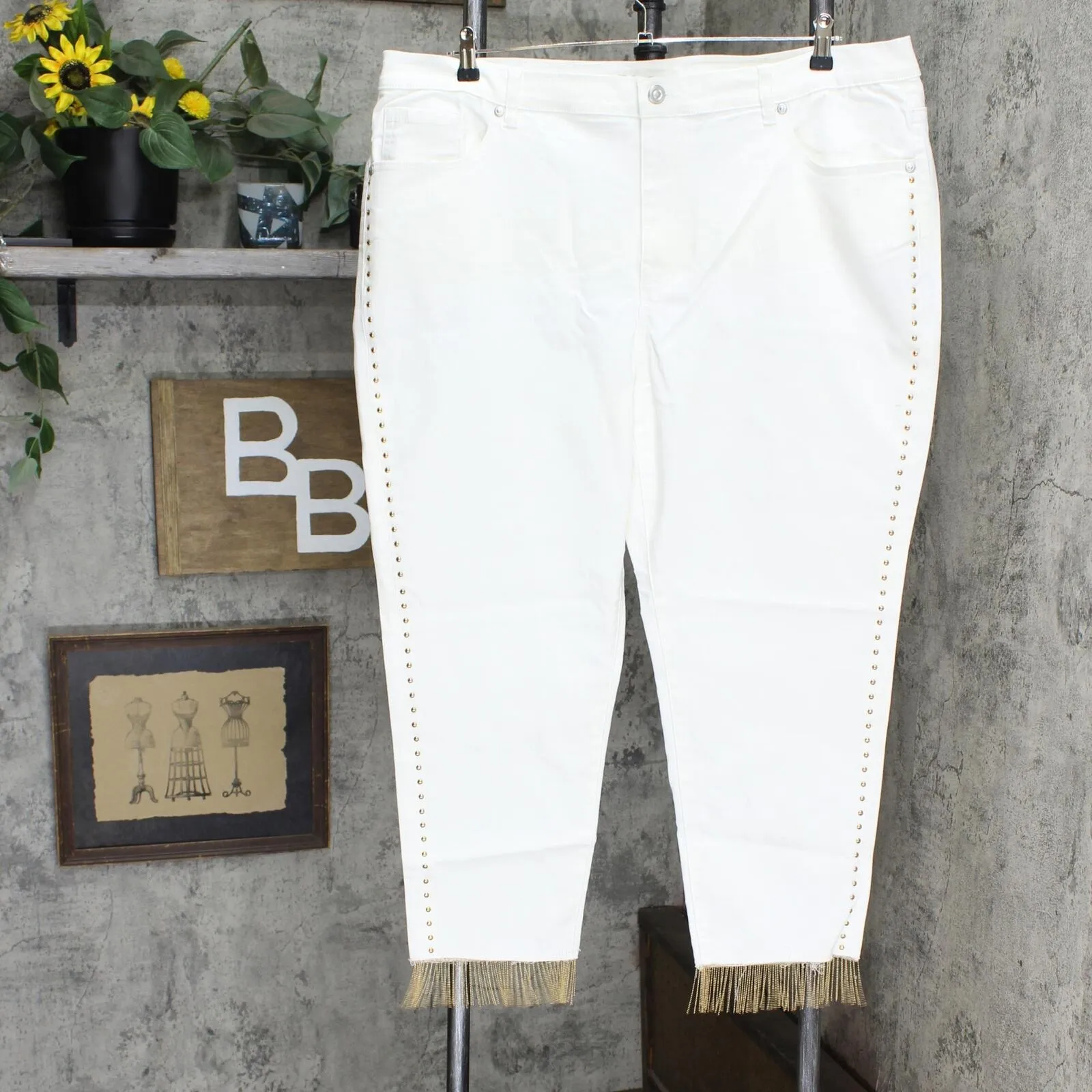 DG2 by Diane Gilman Embellished Side Stripe Fringe-Hem Jean White 22W