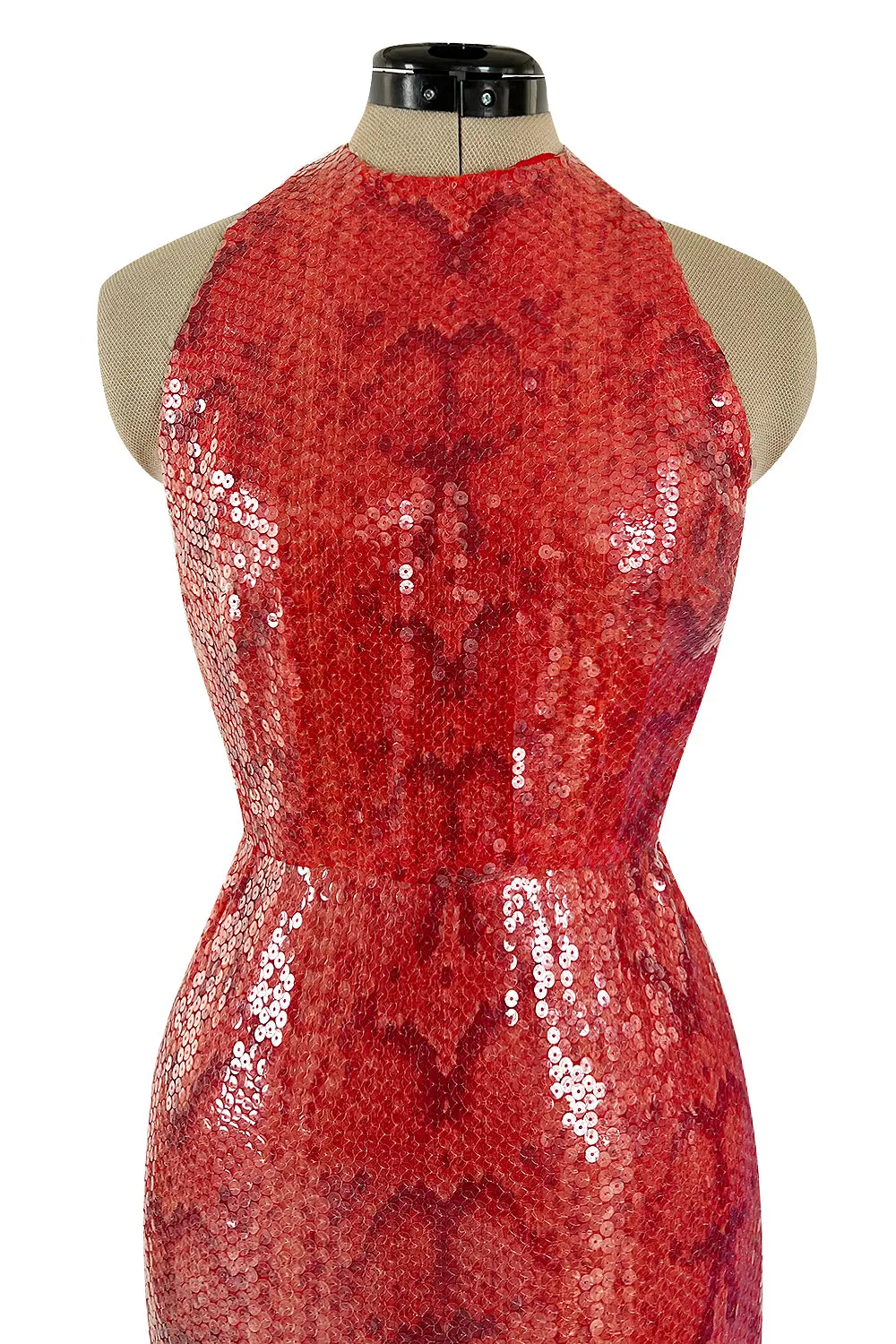 Documented 1974 Bill Blass Red Sequin & Snakeskin Print Ad Campaign Halter Dress
