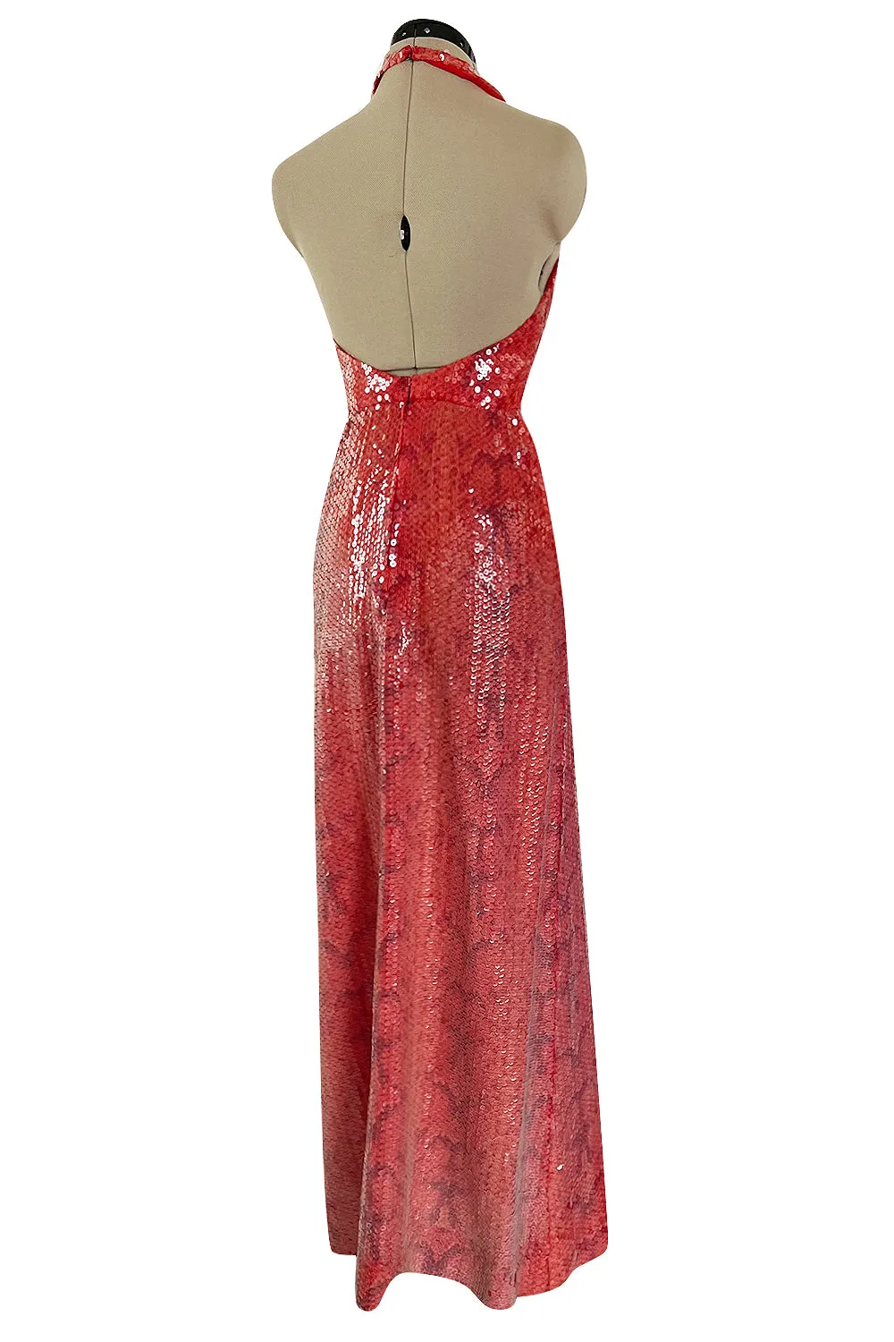 Documented 1974 Bill Blass Red Sequin & Snakeskin Print Ad Campaign Halter Dress