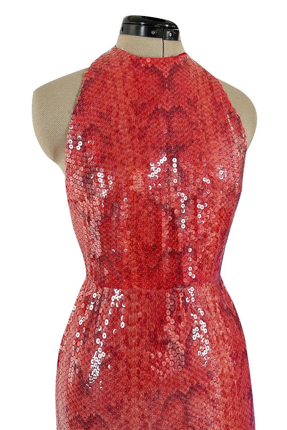 Documented 1974 Bill Blass Red Sequin & Snakeskin Print Ad Campaign Halter Dress