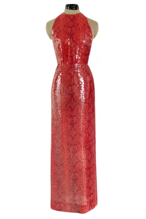 Documented 1974 Bill Blass Red Sequin & Snakeskin Print Ad Campaign Halter Dress