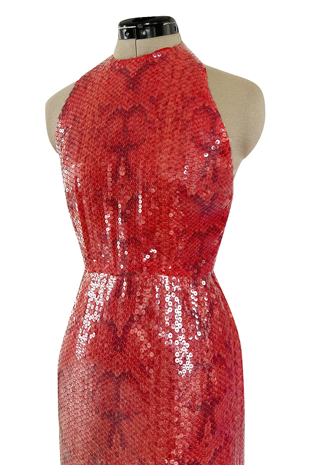 Documented 1974 Bill Blass Red Sequin & Snakeskin Print Ad Campaign Halter Dress