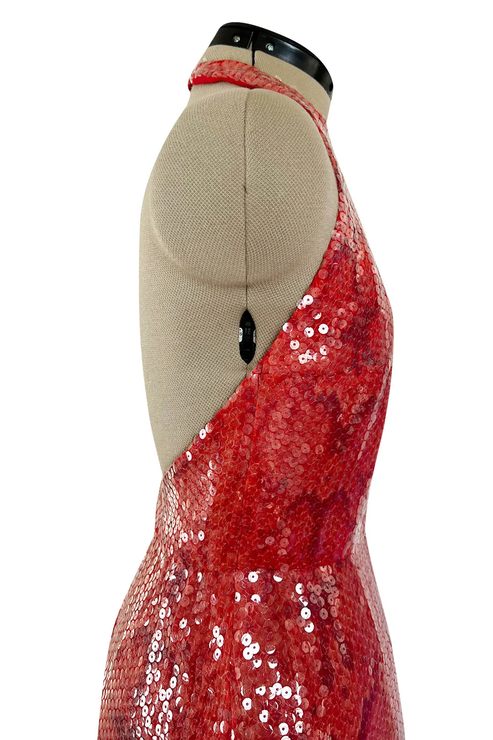 Documented 1974 Bill Blass Red Sequin & Snakeskin Print Ad Campaign Halter Dress