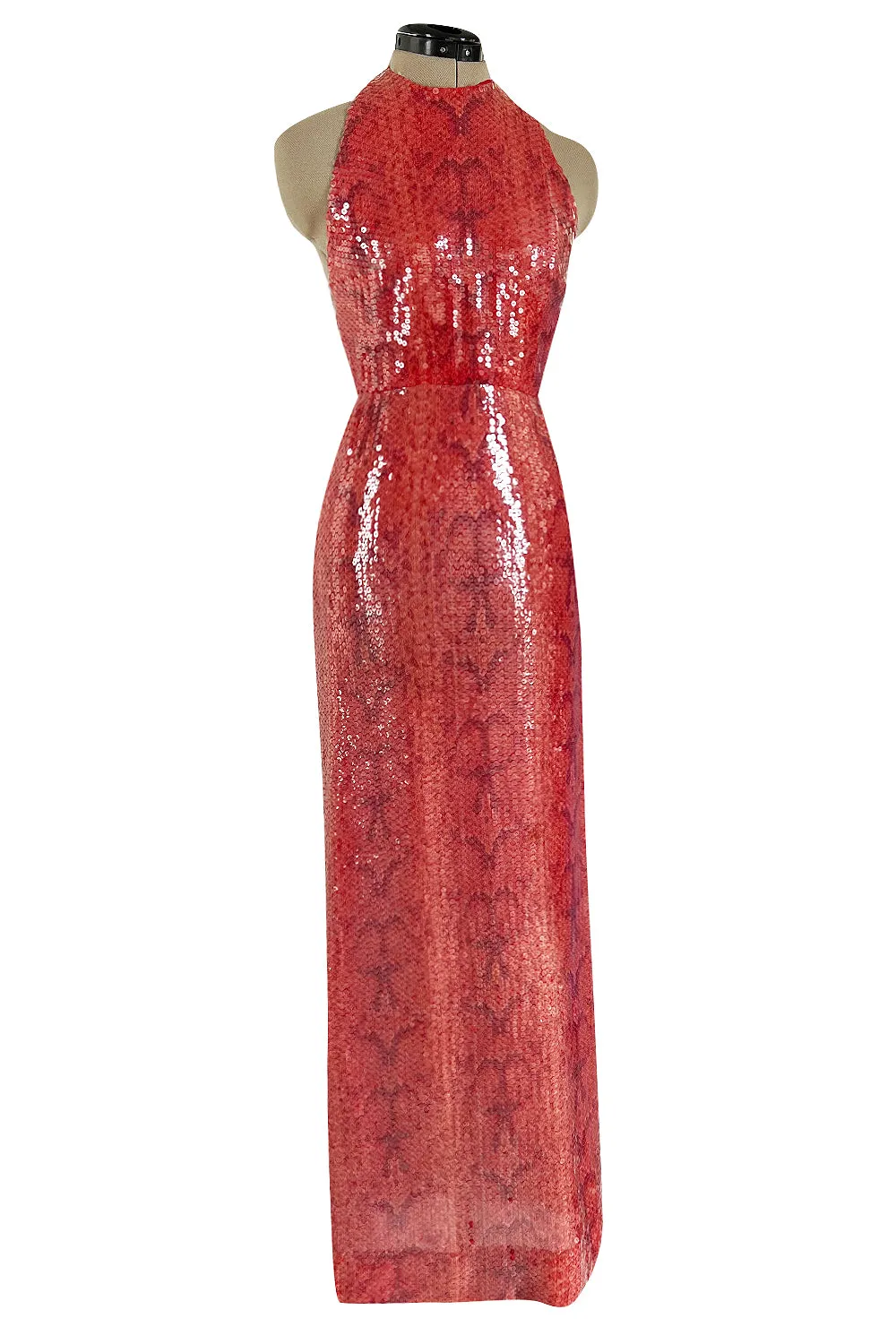 Documented 1974 Bill Blass Red Sequin & Snakeskin Print Ad Campaign Halter Dress