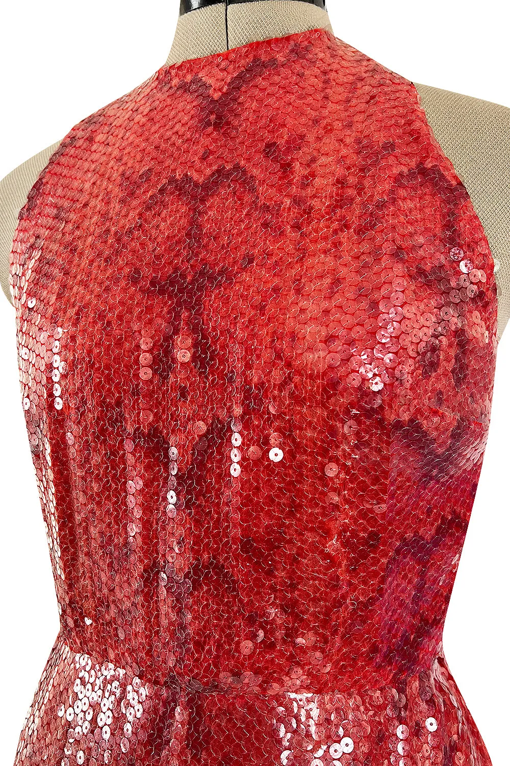Documented 1974 Bill Blass Red Sequin & Snakeskin Print Ad Campaign Halter Dress