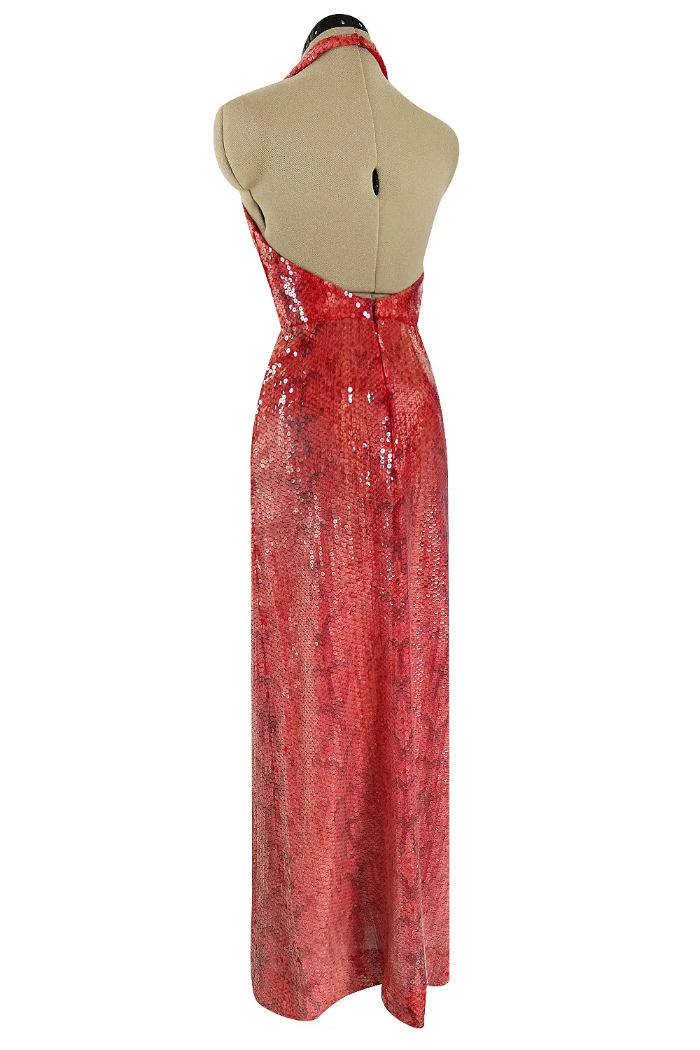 Documented 1974 Bill Blass Red Sequin & Snakeskin Print Ad Campaign Halter Dress