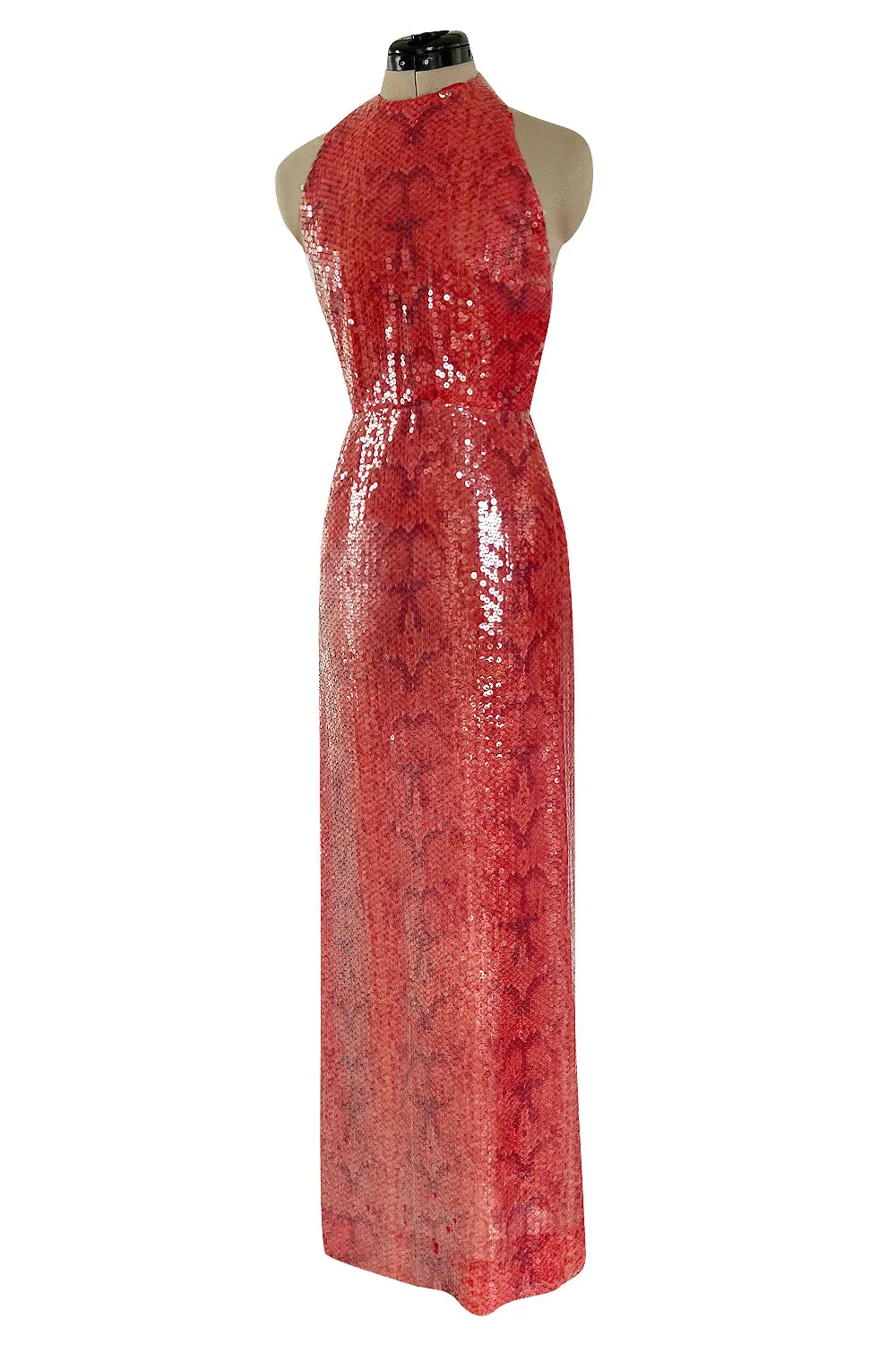 Documented 1974 Bill Blass Red Sequin & Snakeskin Print Ad Campaign Halter Dress