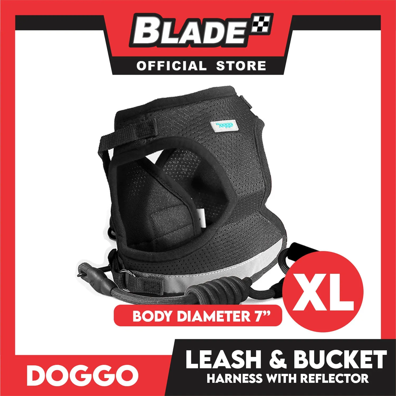 Doggo Leash and Bucket Harness with Reflector Extra Large (Black) Perfect Set for Your Dog