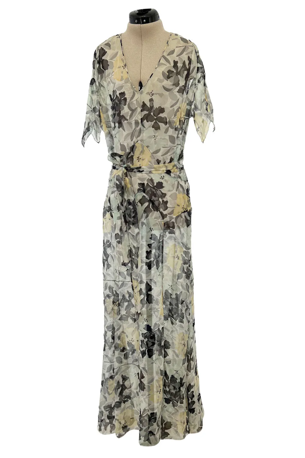 Dreamy 1920s Unlabeled Feather Light Floral Print Silk Chiffon Dress w Jacket