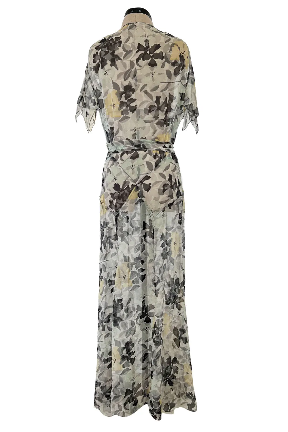 Dreamy 1920s Unlabeled Feather Light Floral Print Silk Chiffon Dress w Jacket