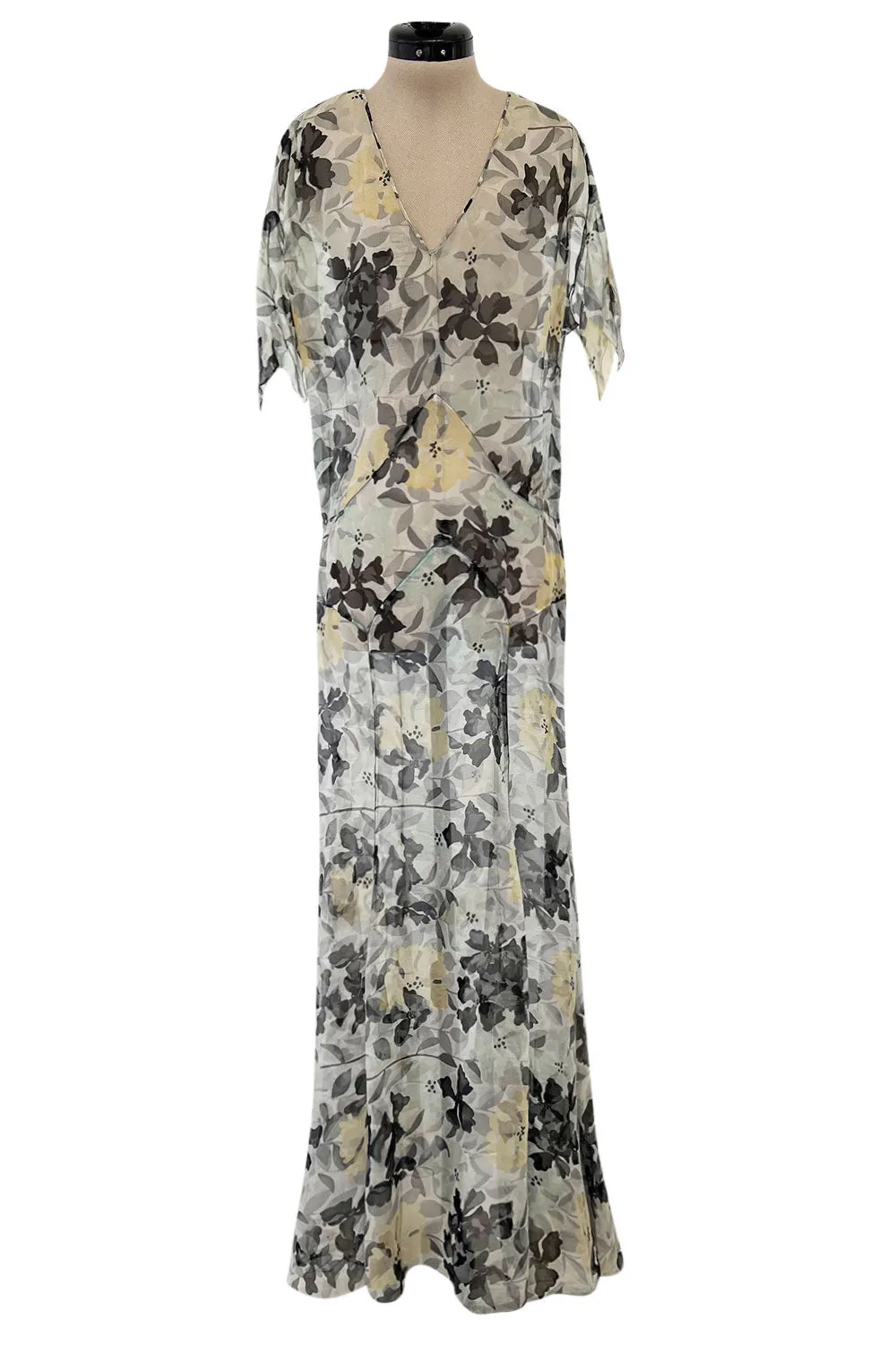 Dreamy 1920s Unlabeled Feather Light Floral Print Silk Chiffon Dress w Jacket