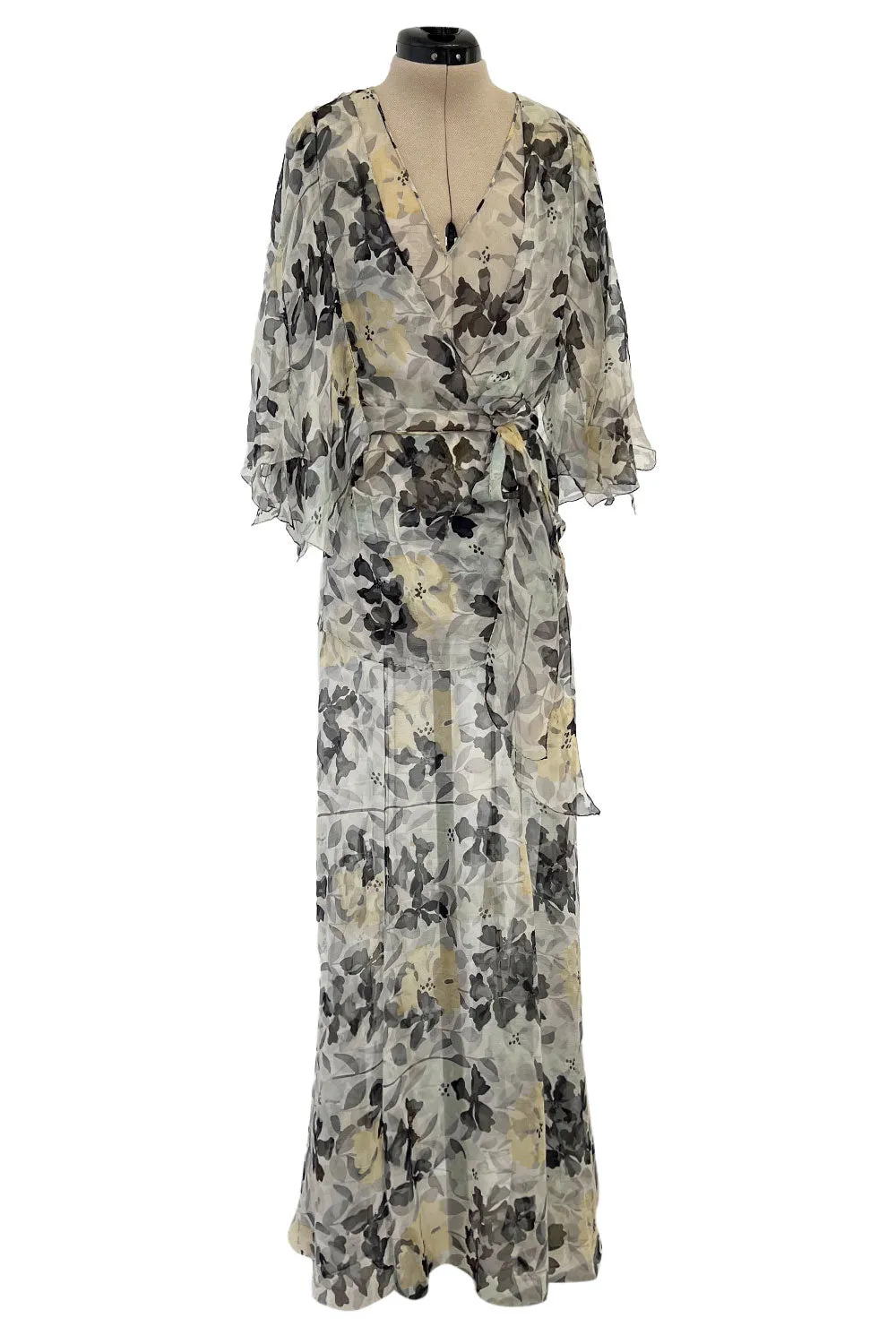 Dreamy 1920s Unlabeled Feather Light Floral Print Silk Chiffon Dress w Jacket