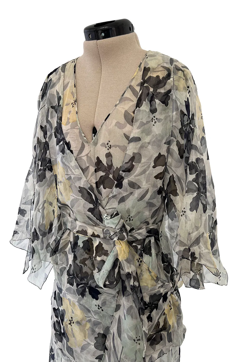 Dreamy 1920s Unlabeled Feather Light Floral Print Silk Chiffon Dress w Jacket