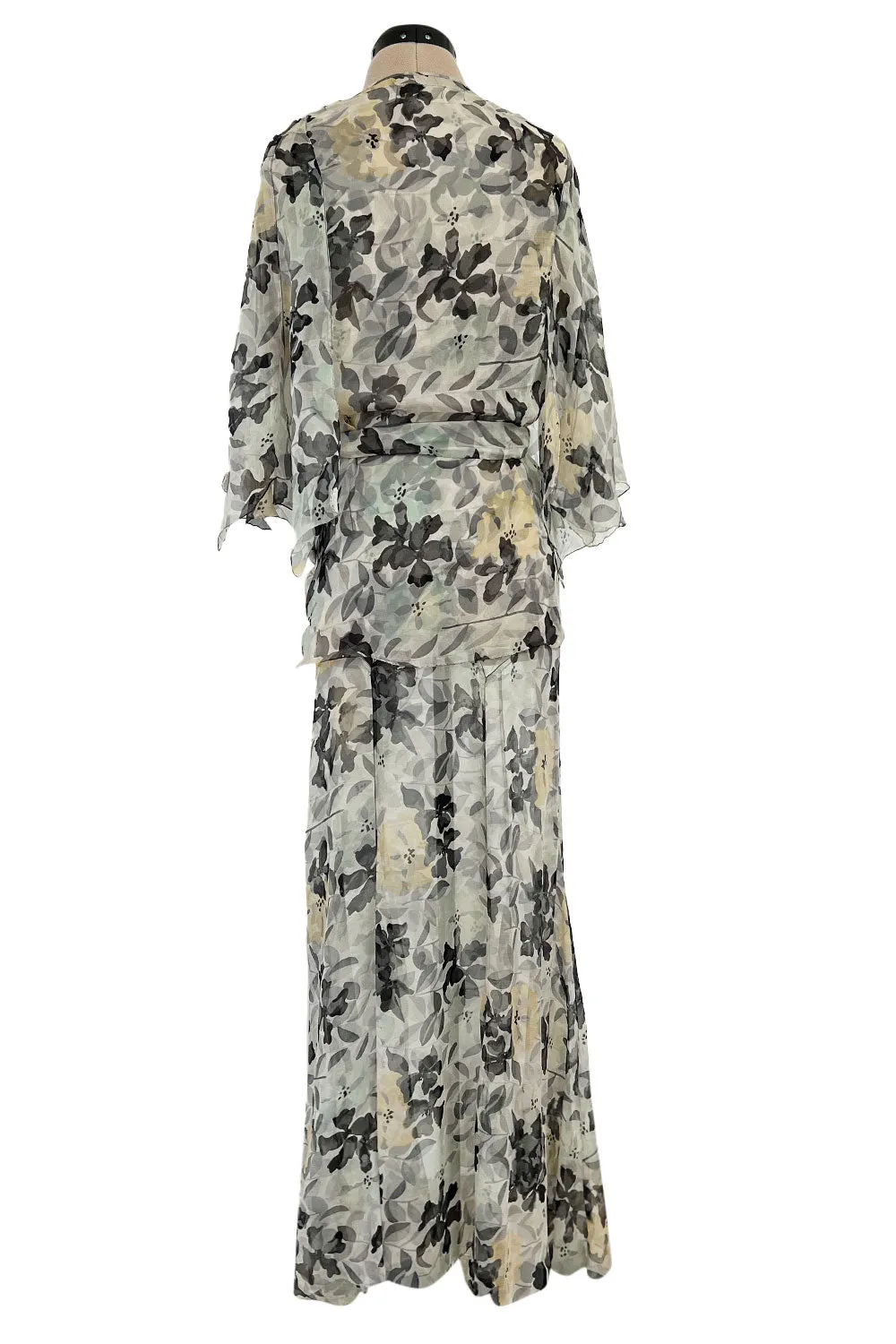 Dreamy 1920s Unlabeled Feather Light Floral Print Silk Chiffon Dress w Jacket