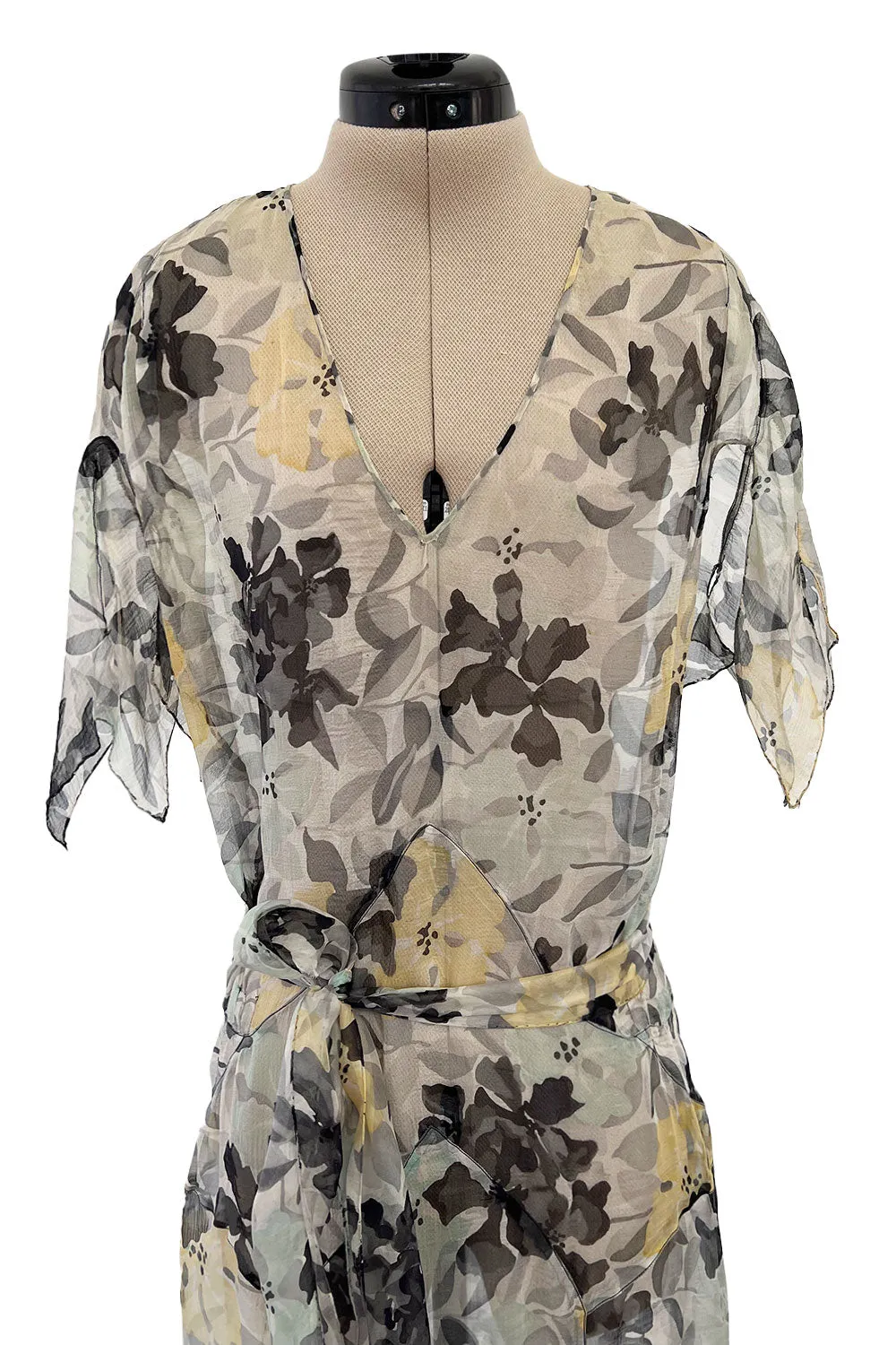Dreamy 1920s Unlabeled Feather Light Floral Print Silk Chiffon Dress w Jacket